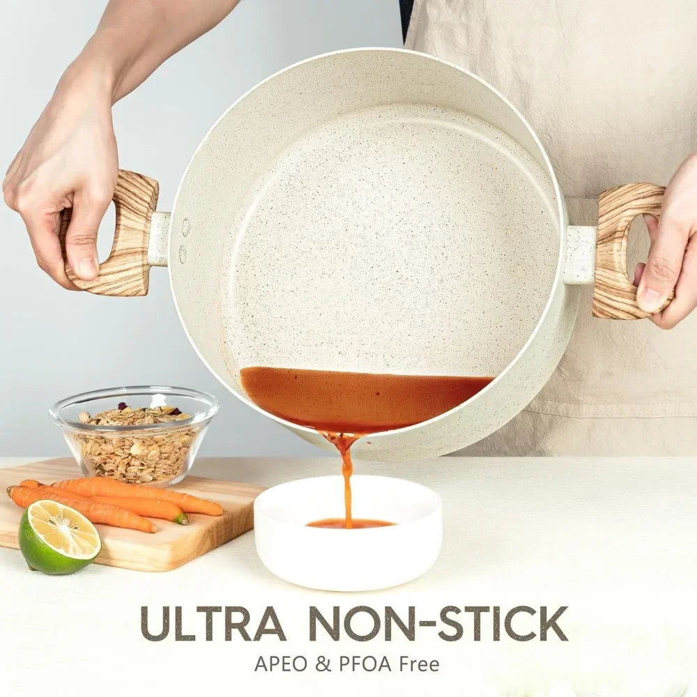 Nonstick Stock 6 Quart Cooking Pot with Lid Induction Soup White Granite Non Stick Pot with Stay-cool Handle